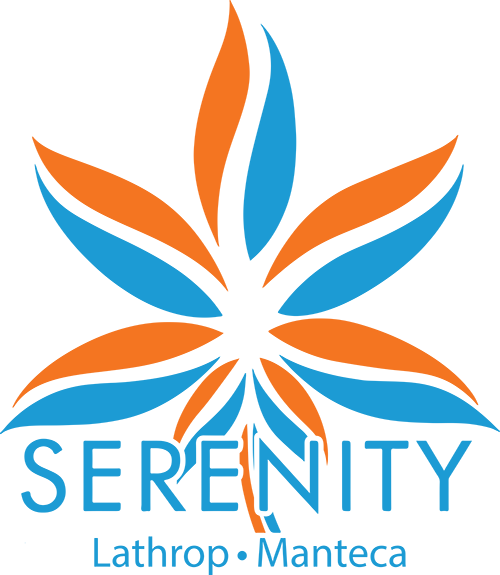 A blue and orange logo for serenity lathrop manteca