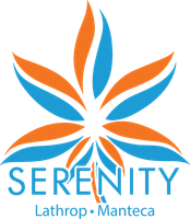 A blue and orange logo for serenity lathrop manteca