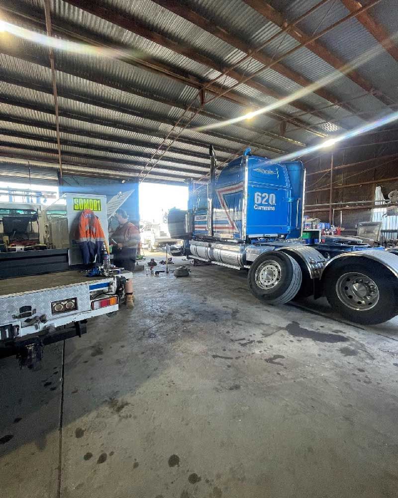 Large Truck at Mechanic Work Shop for Tyre Replacement — Superior Diesel Maintenance in Westdale, NSW