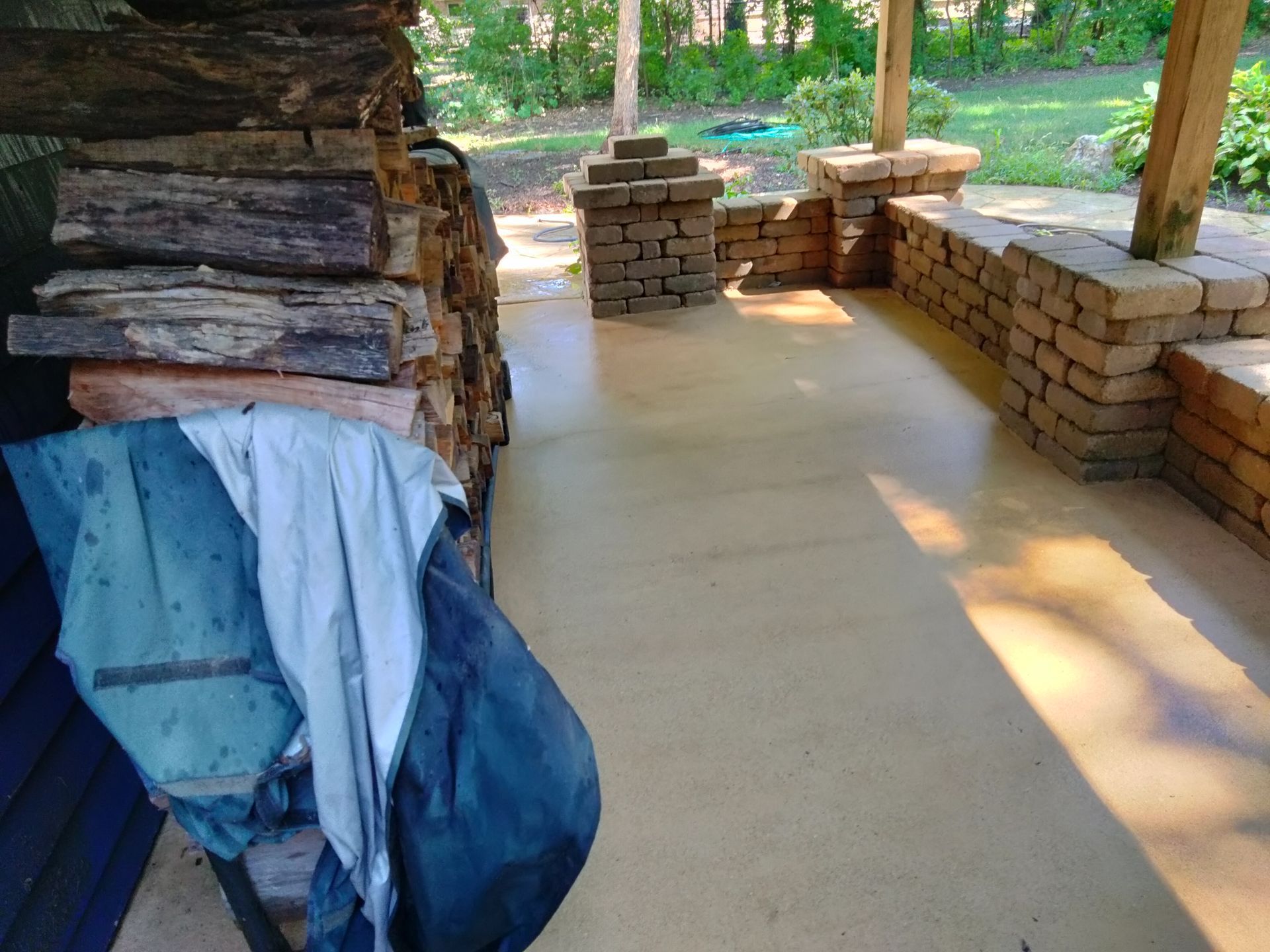 Cleaned concrete floor with firewood