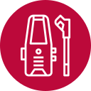 A high pressure washer icon in a red circle.