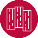 A red circle with a white icon of a building in it.