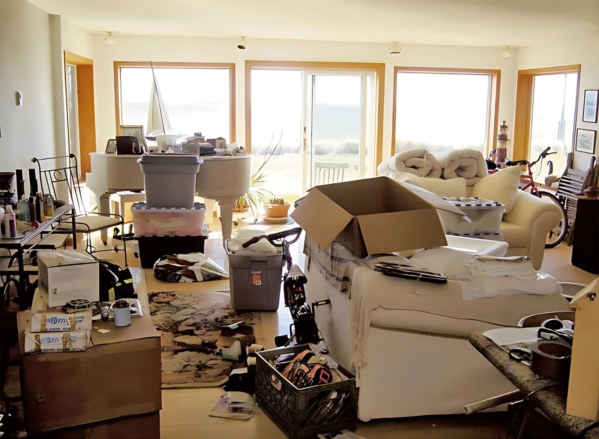 A living room with a lot of boxes and a piano