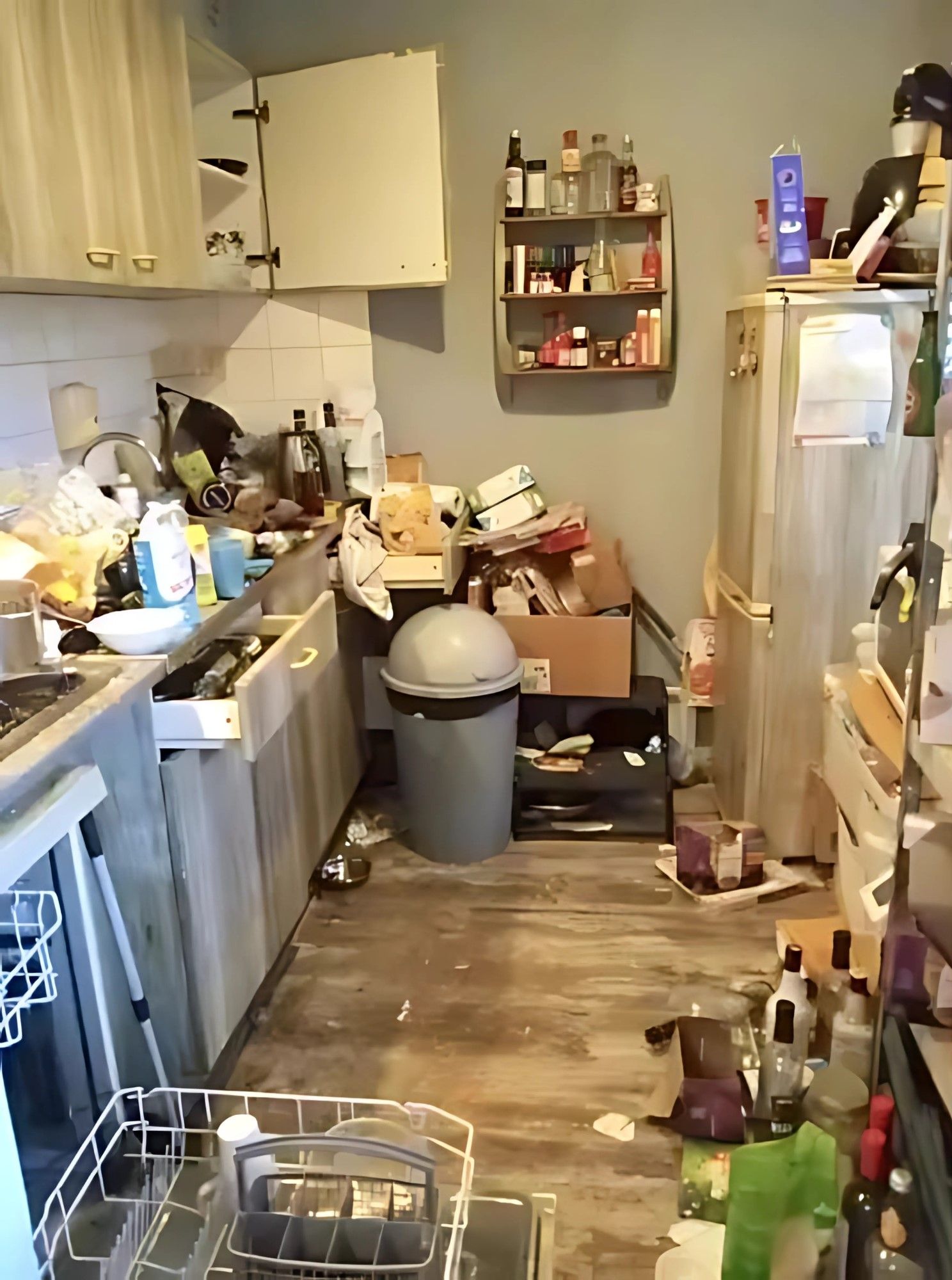 A messy kitchen with a trash can in the middle of the room.