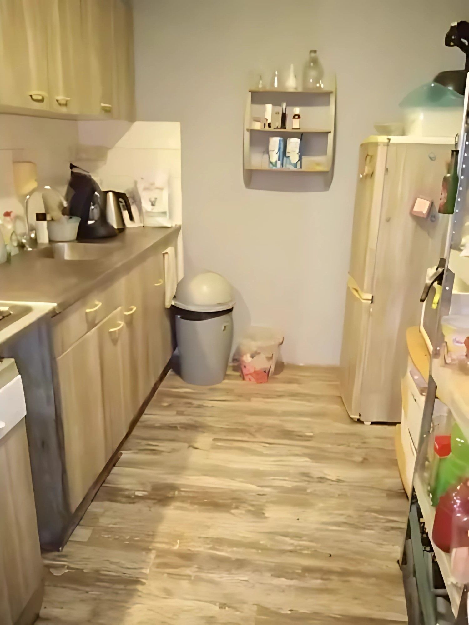 A kitchen with wooden cabinets , a refrigerator , a sink , and a trash can.
