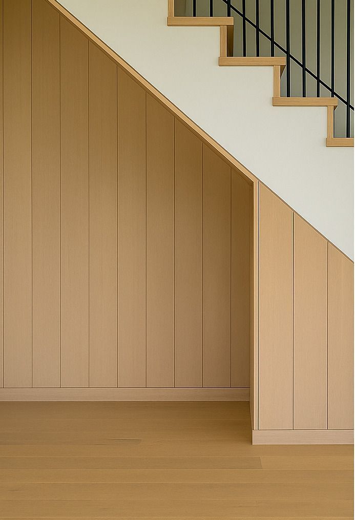 A staircase with a wooden wall underneath it and a wooden floor.