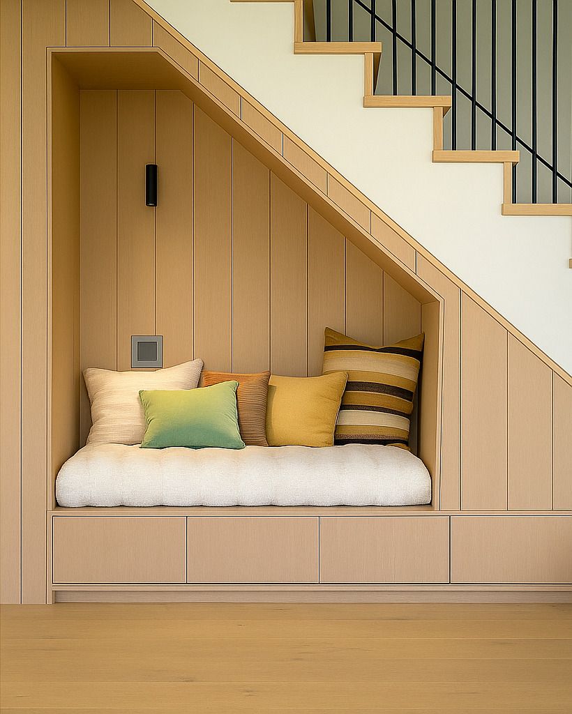 There is a couch under the stairs with pillows on it.