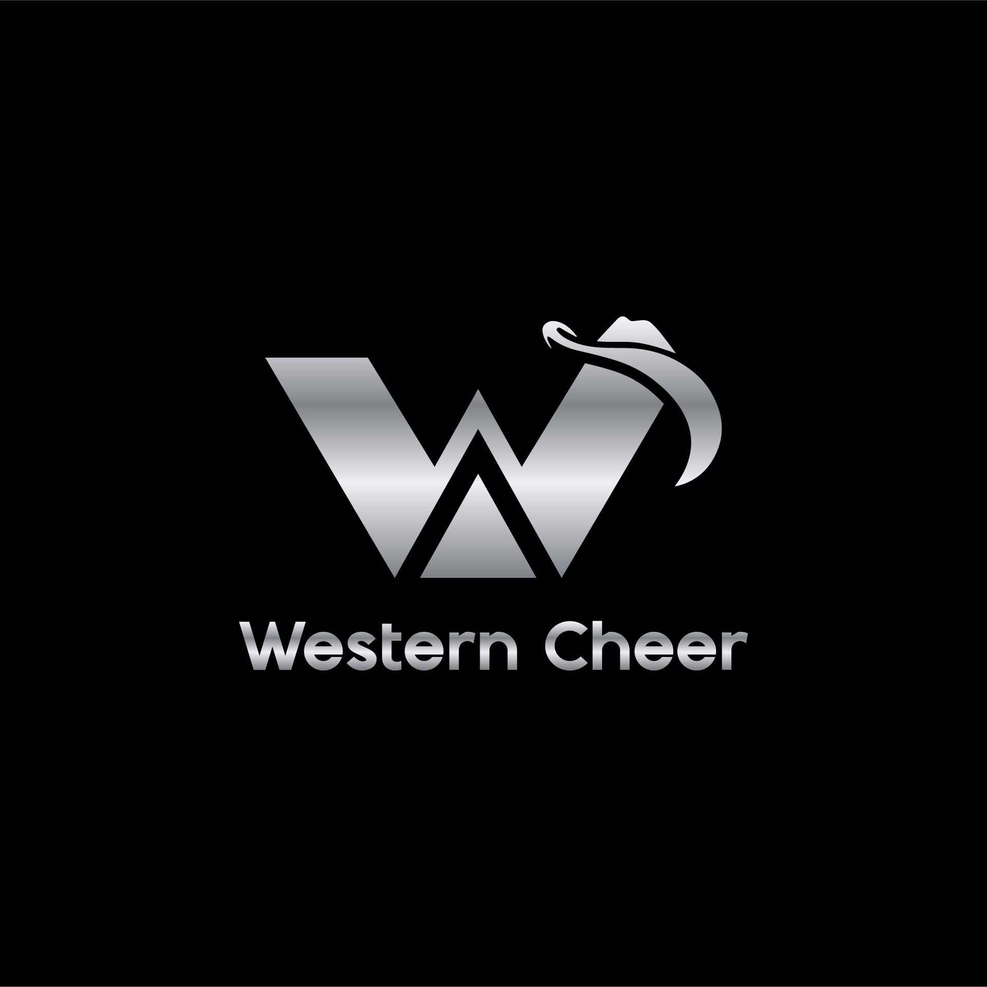 A silver logo for western cheer with a cowboy hat on a black background.