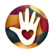White hand with heart cutout on a colorful mosaic circle.
