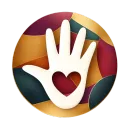 White hand with heart cutout on a colorful mosaic circle.