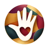 White hand with heart cutout on a colorful mosaic circle.