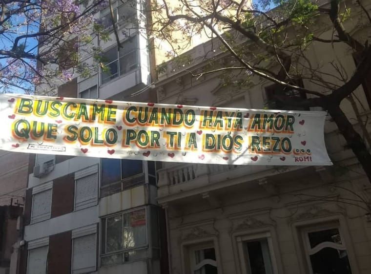 Una pancarta colgada de un árbol que dice 