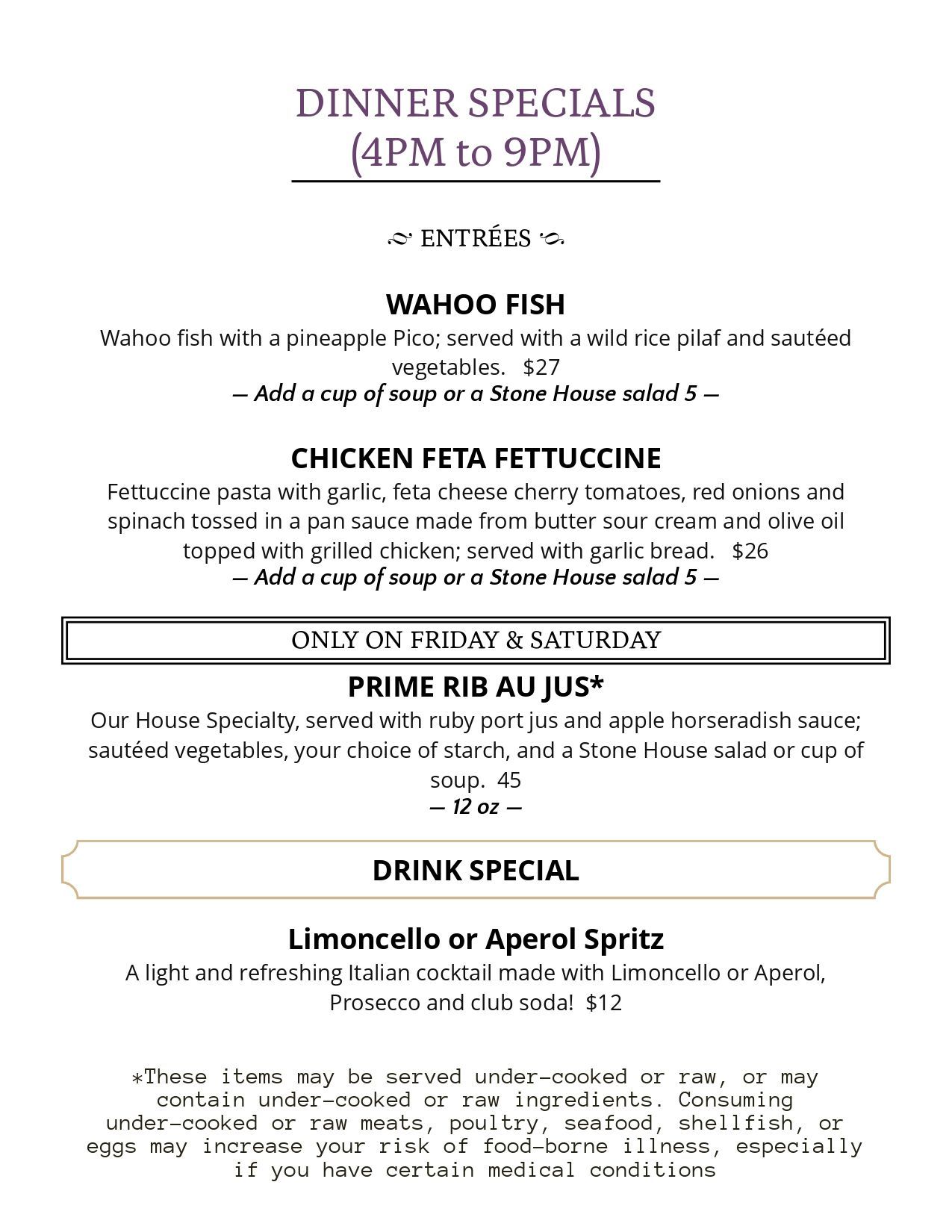 Restaurant dinner specials menu with white background and black text, listing appetizers, entrees, and prices