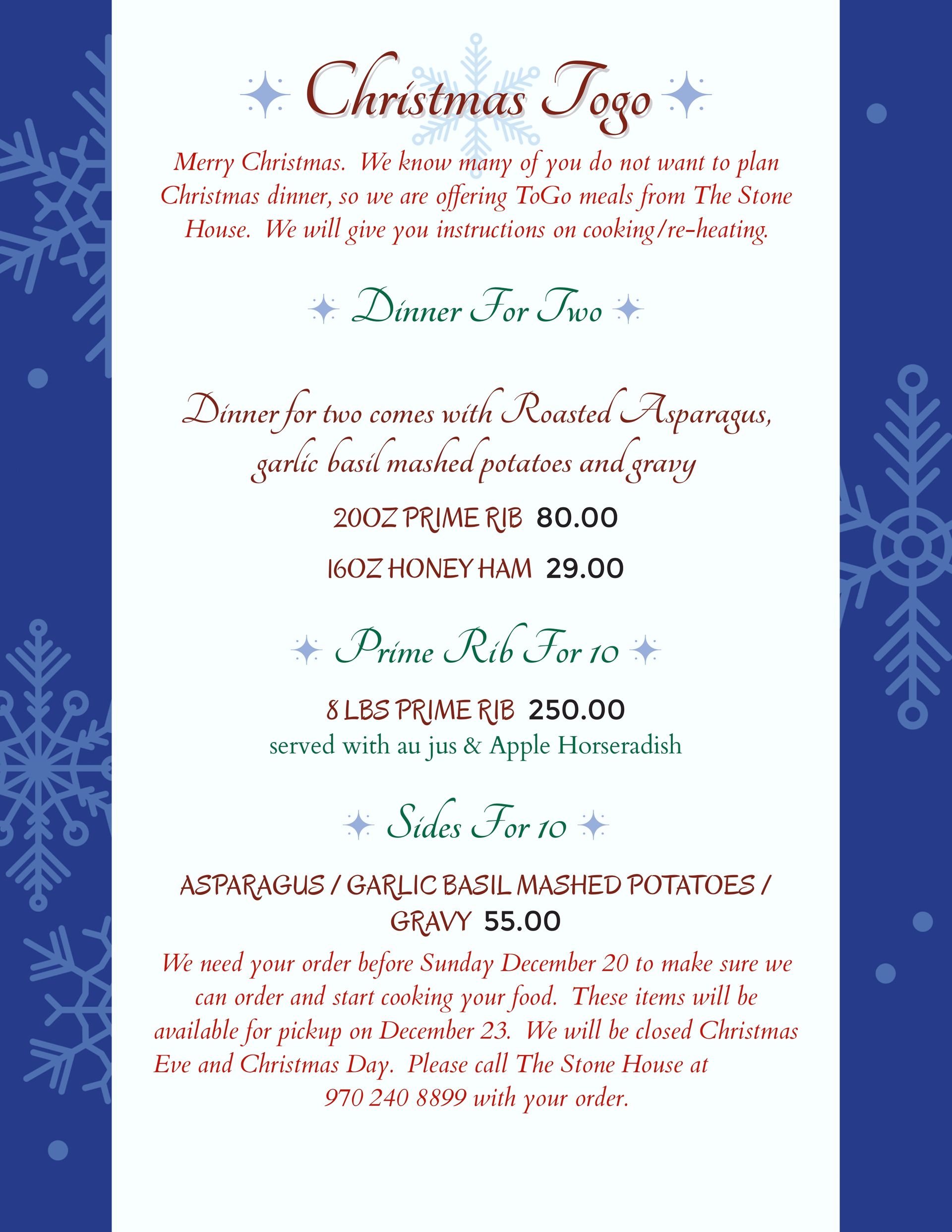 Christmas Togo menu with food options and prices.