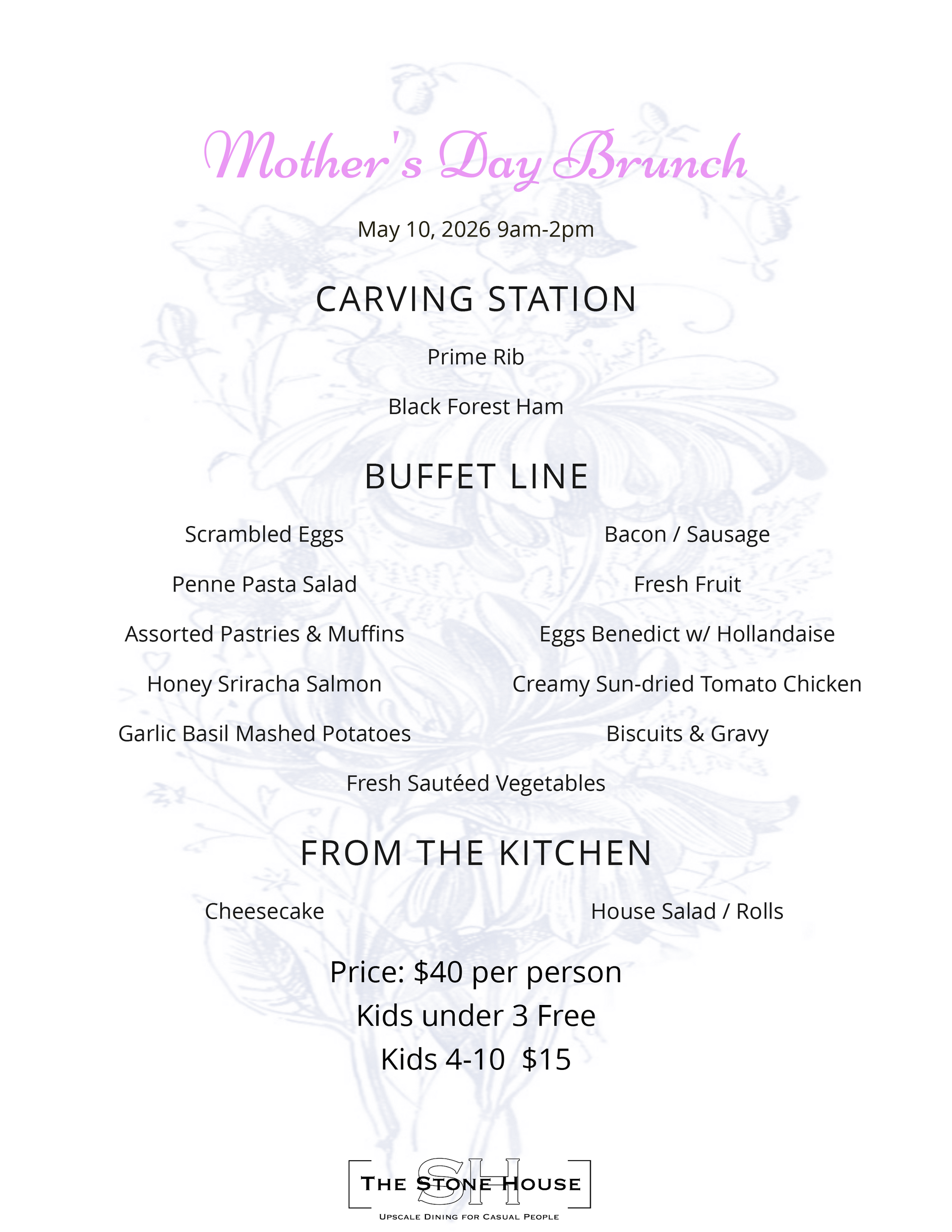 Decorative brunch menu with pink title and black text listing carving station and kitchen items Decorative brunch menu with pink title and black text listing carving station and kitchen items