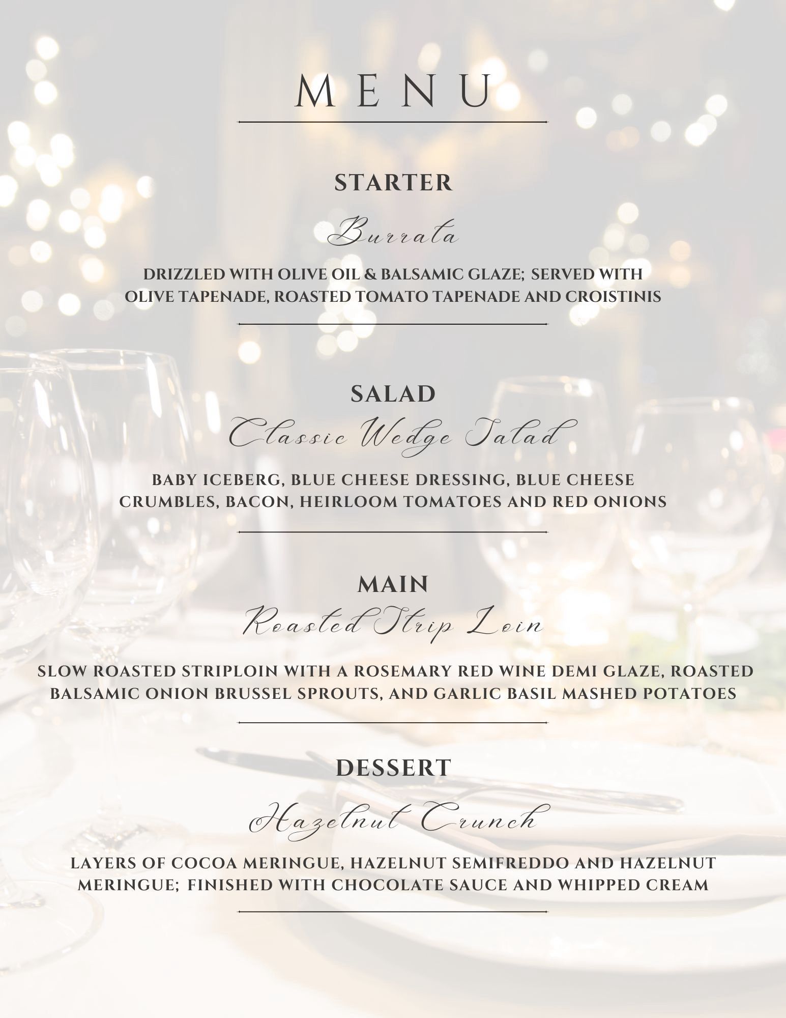A menu for a wedding reception with a salad , main , and dessert
