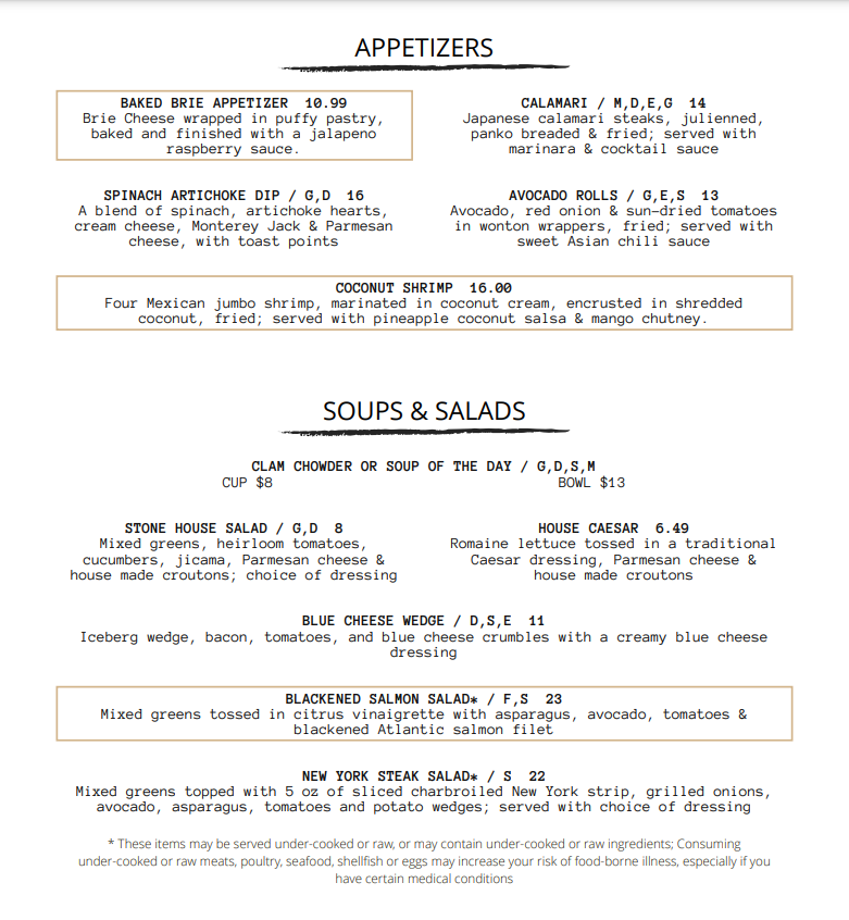 A menu with appetizers and soups and salads on it