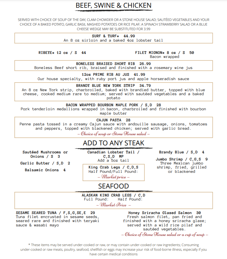 A menu for a restaurant called beef , swine and chicken