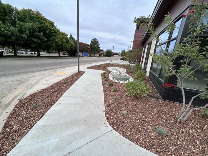 Sidewalk beside a building with landscaped mulch beds, trees, and an overcast street in the background