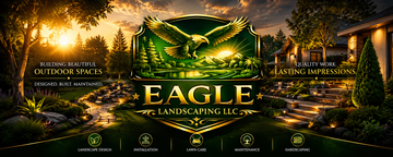 Golden eagle emblem over a forested valley at sunset, with “EAGLE” and “LANDS & LUK” text.
