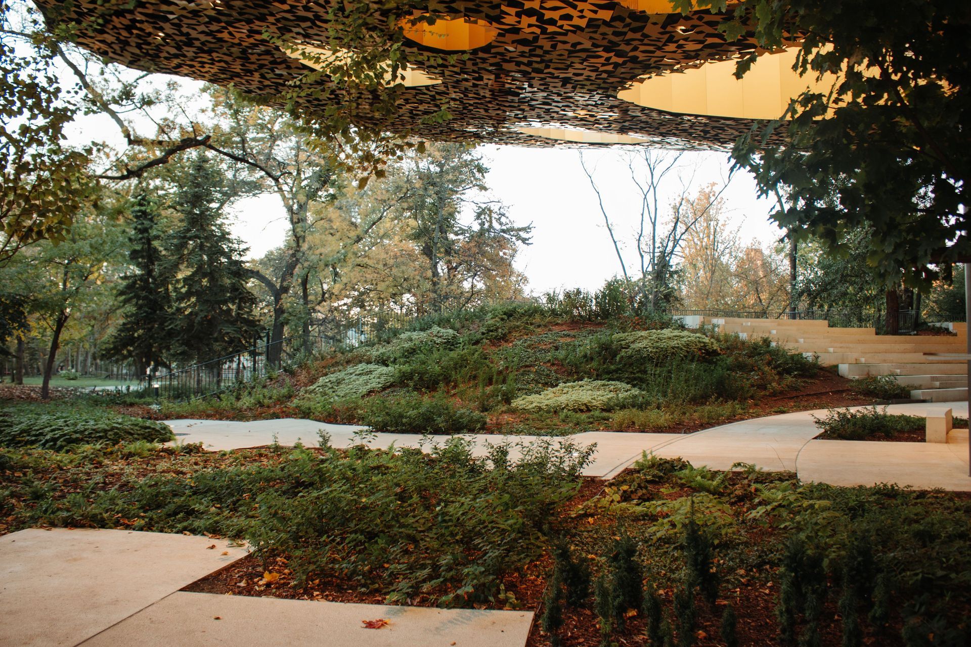 Curved garden paths under a leafy canopy, with trees, shrubs, and soft sunlight.