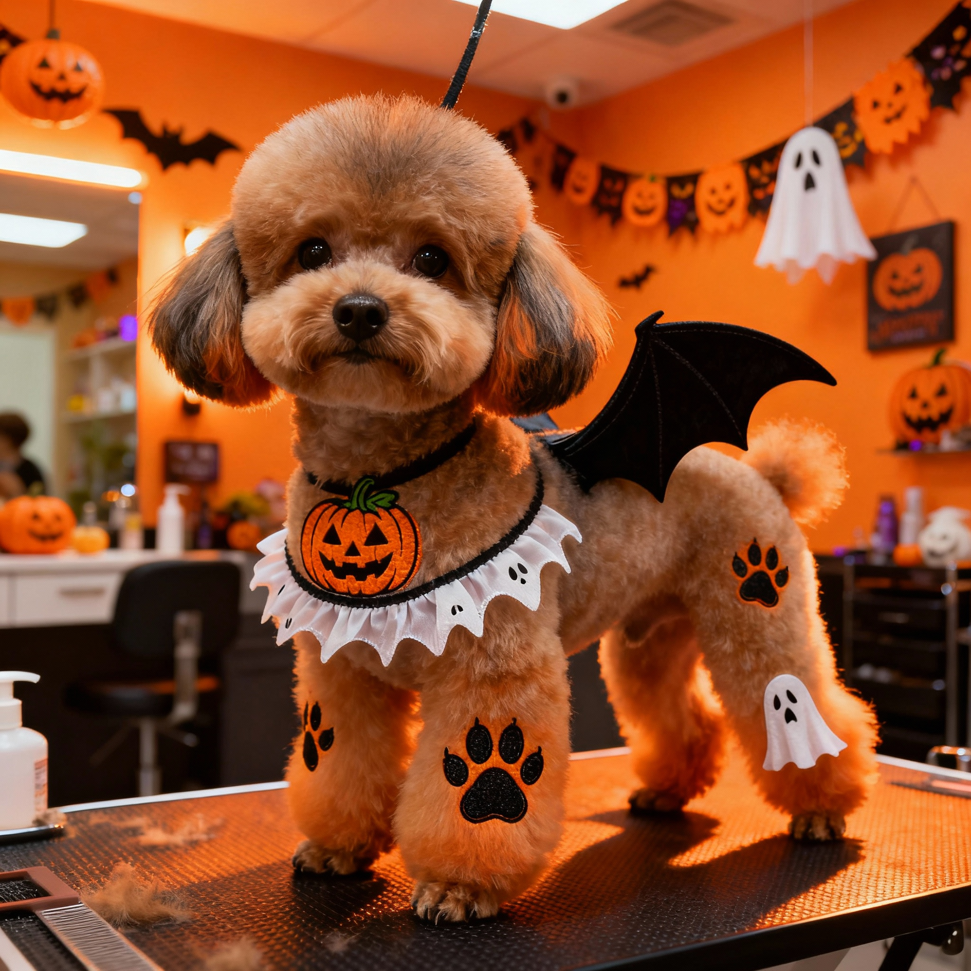 Creative Halloween grooming in a modern salon: pumpkin and bat-wing trim