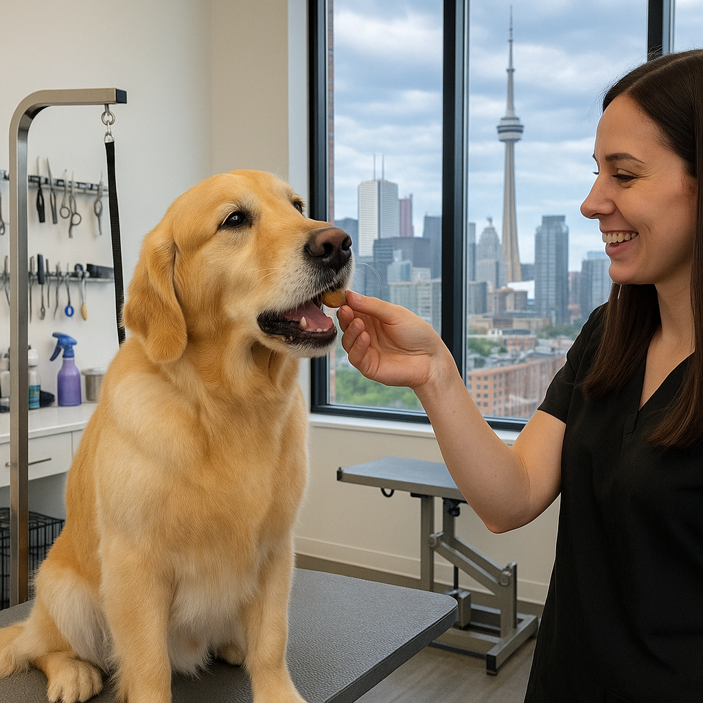 Golden Retriever enjoying post-grooming treats at a Toronto salon