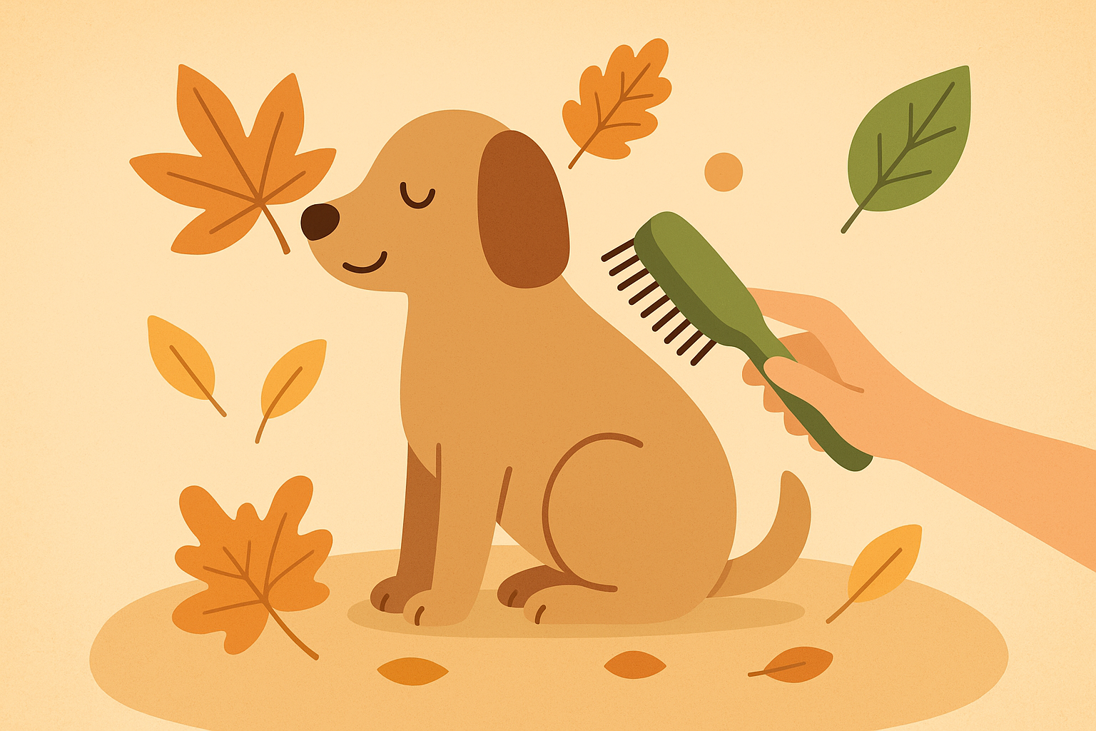A dog transitioning from summer to fall with seasonal grooming care.