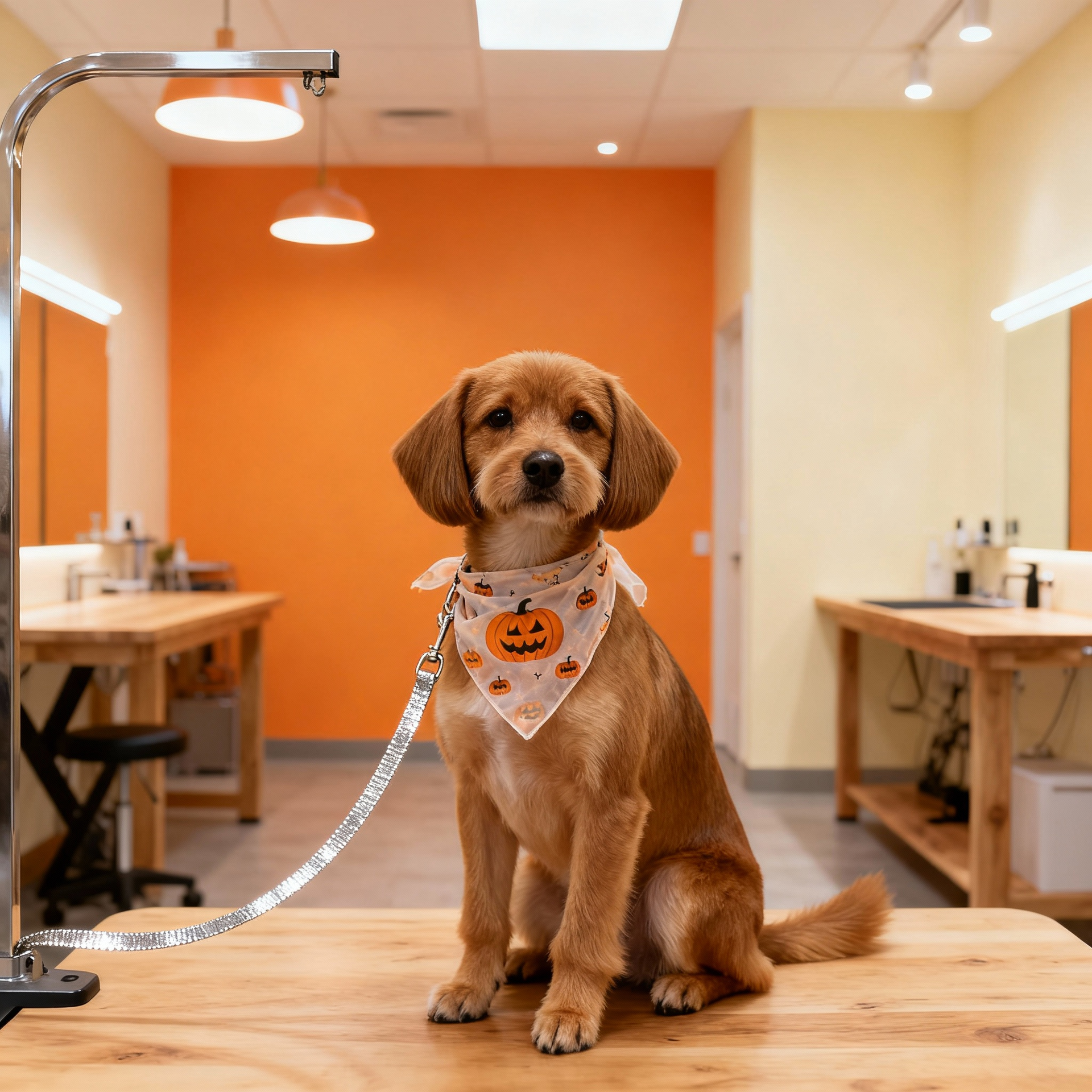 Happy Toronto dog with costume-friendly Halloween bandana after a safe, low-stress groom