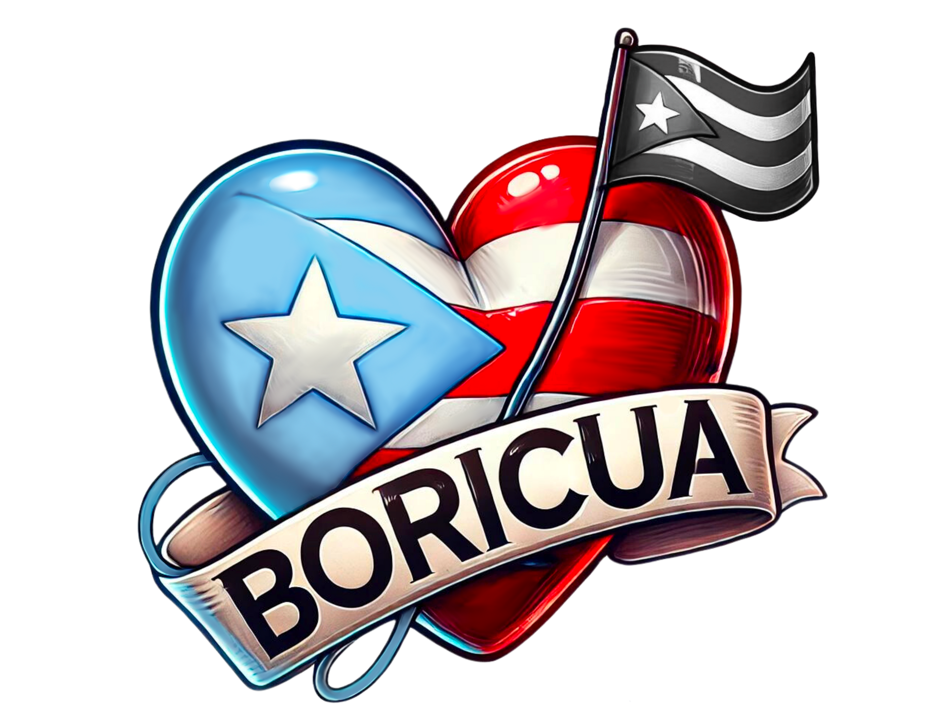 A red heart decorated with the Puerto Rican flag, a small flag on top, and a banner reading "BORICUA" underneath.