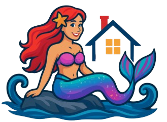 A mermaid is sitting on a rock in the water with a house in the background.
