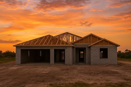 House under construction at sunset; orange and yellow sky, exposed roof trusses.