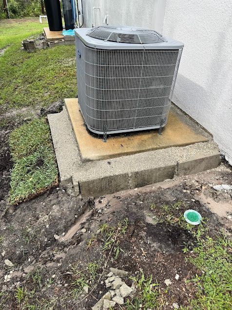 Air conditioning unit on a concrete pad next to a building.  Dirt and grass surround the unit.