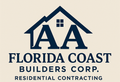 Logo for Florida Coast Builders Corp. with house icon over the letters "AA". Blue and tan color scheme. Text reads "Residential Contracting".