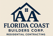 Logo for Florida Coast Builders Corp. with house icon over the letters "AA". Blue and tan color scheme. Text reads "Residential Contracting".