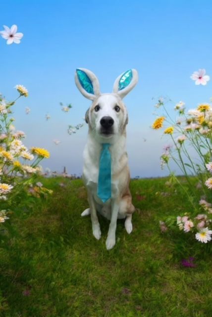 A dog wearing bunny ears and a tie is sitting in a field of flowers.