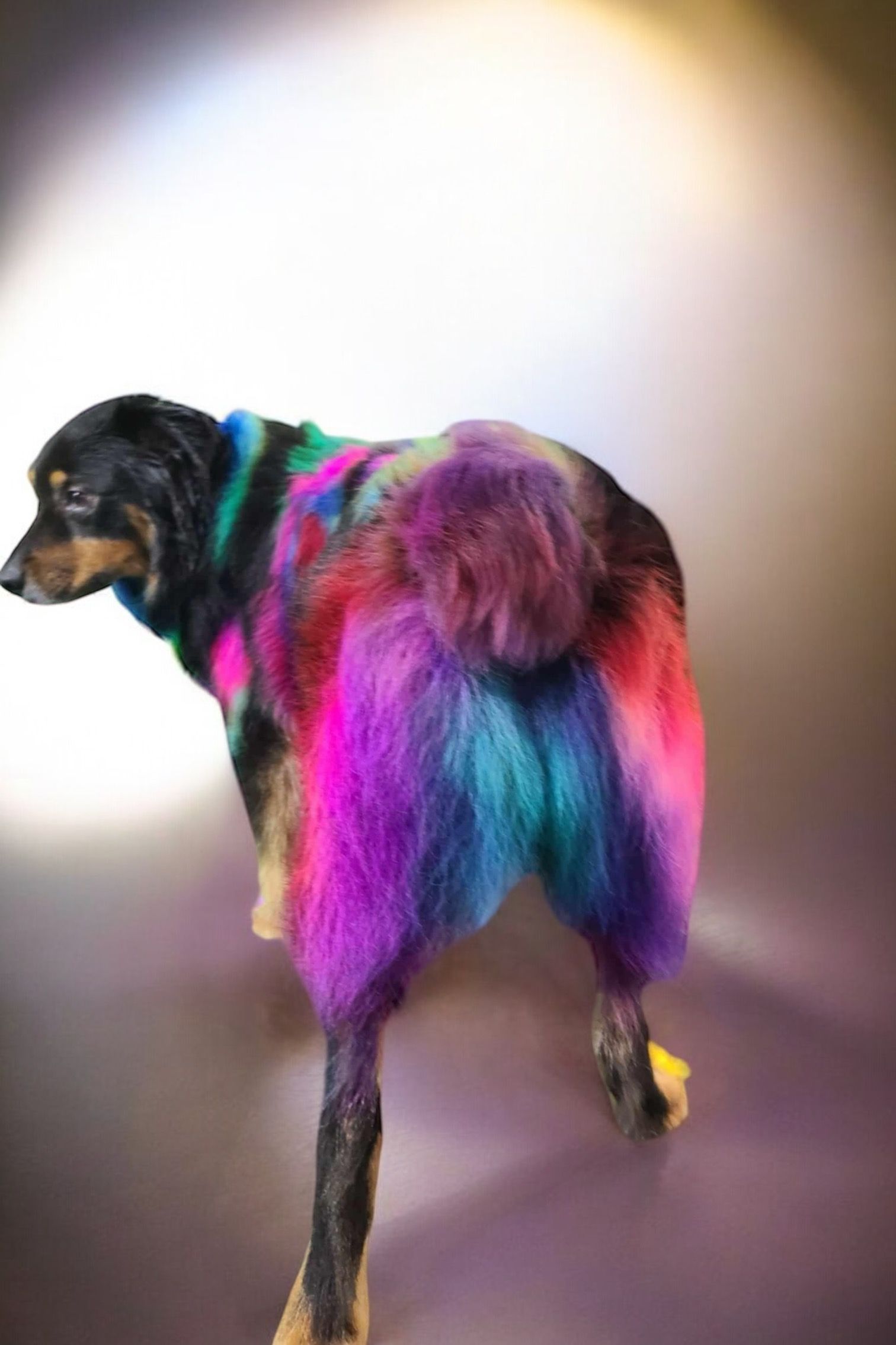A dog with colorful hair is standing on a purple surface.