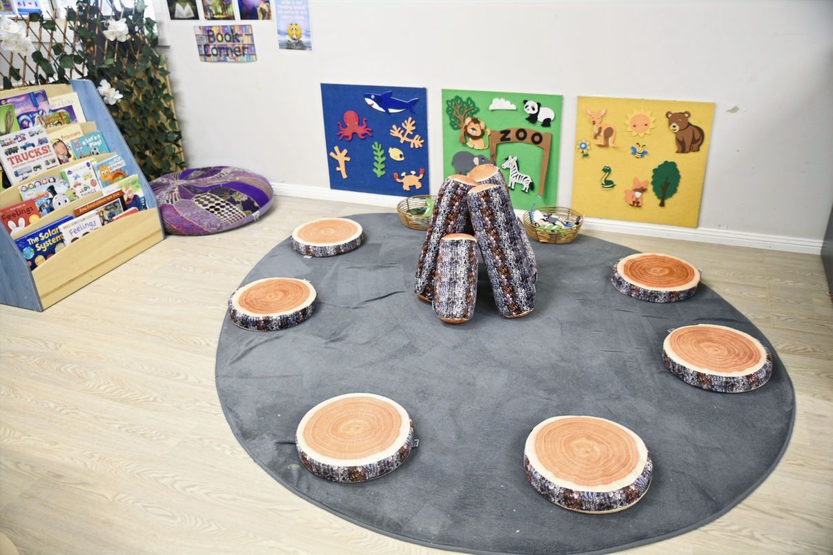 A room with a circle of logs on the floor.