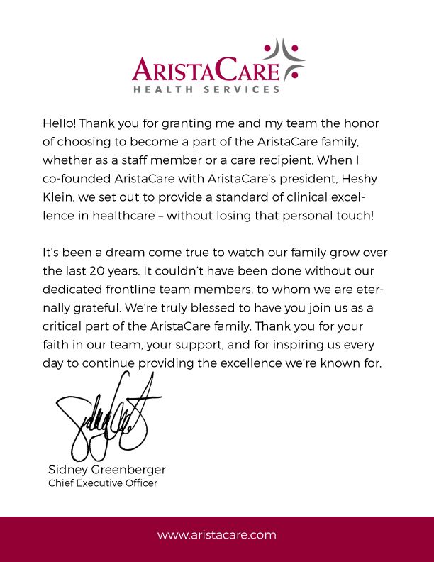A thank you letter from aristacare health services with a signature on it.