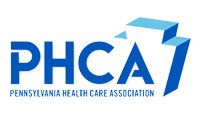 The logo for the pennsylvania health care association is blue and white.