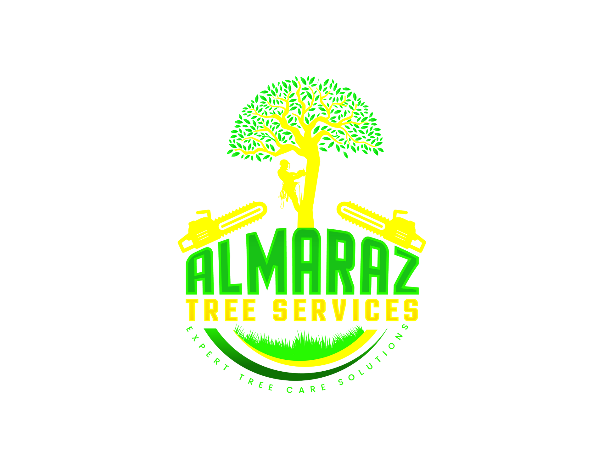 A logo for almaraz tree services with a tree and chainsaws.