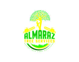 A logo for almaraz tree services with a tree and chainsaws.