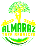 A logo for almaraz tree services with a tree and chainsaws.
