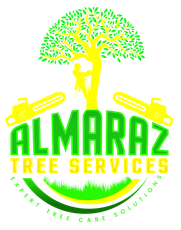 A logo for almaraz tree services with a tree and chainsaws.