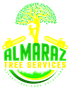 A logo for almaraz tree services with a tree and chainsaws.