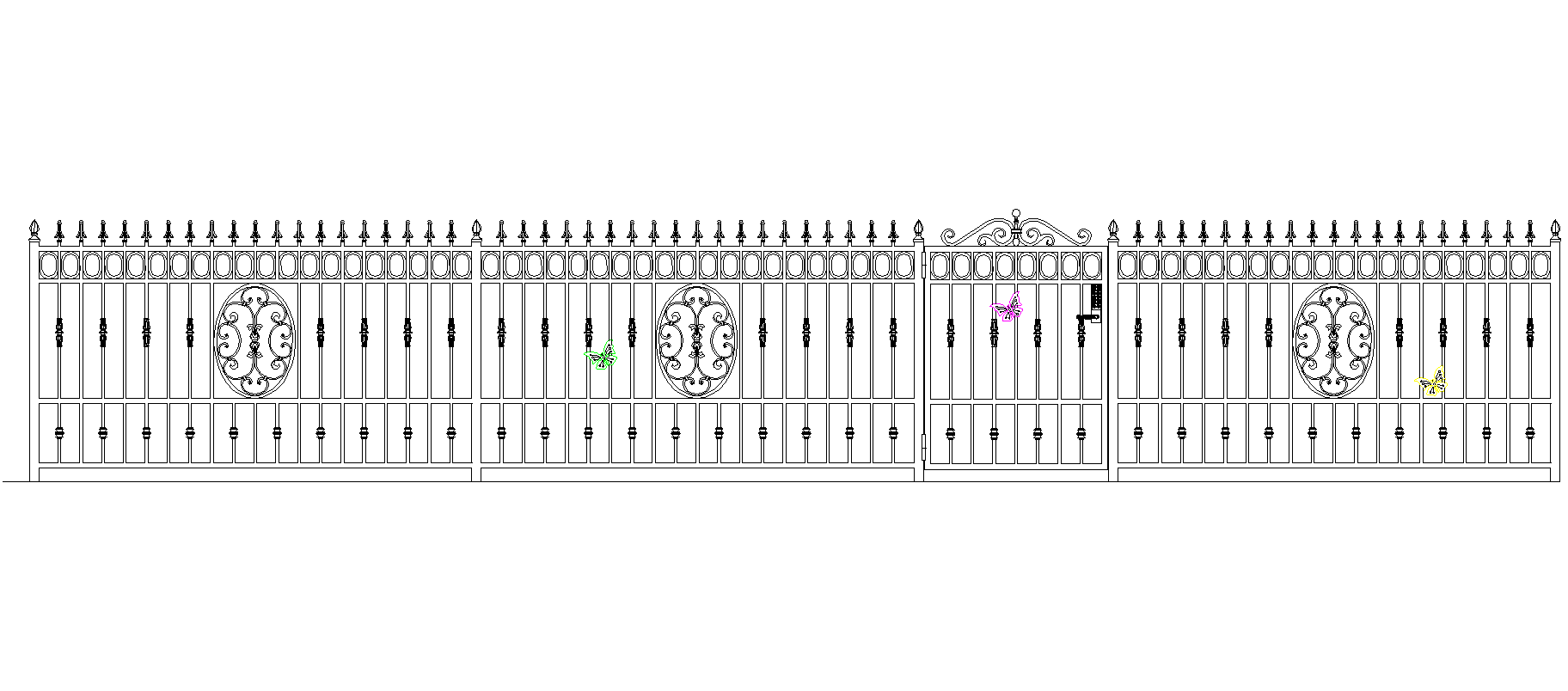 Gate with spiderweb design, black and white.