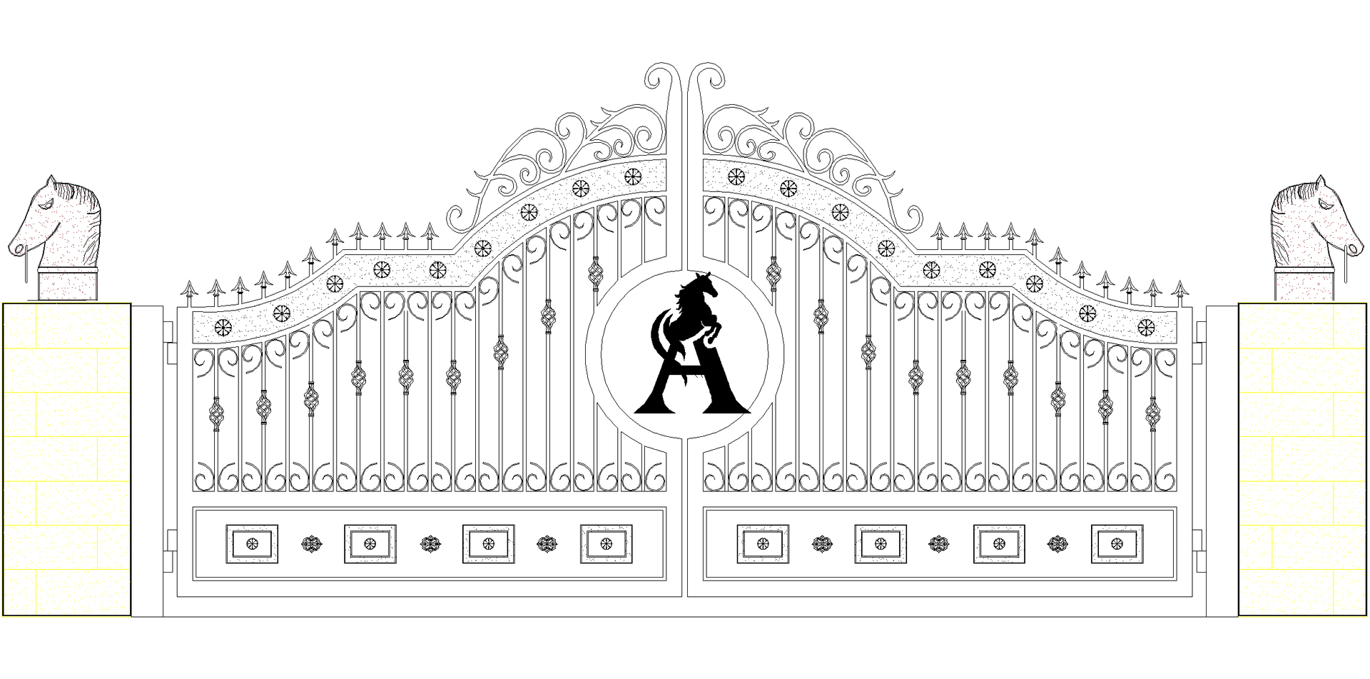 Architectural drawing of a decorative metal gate with brick pillars.