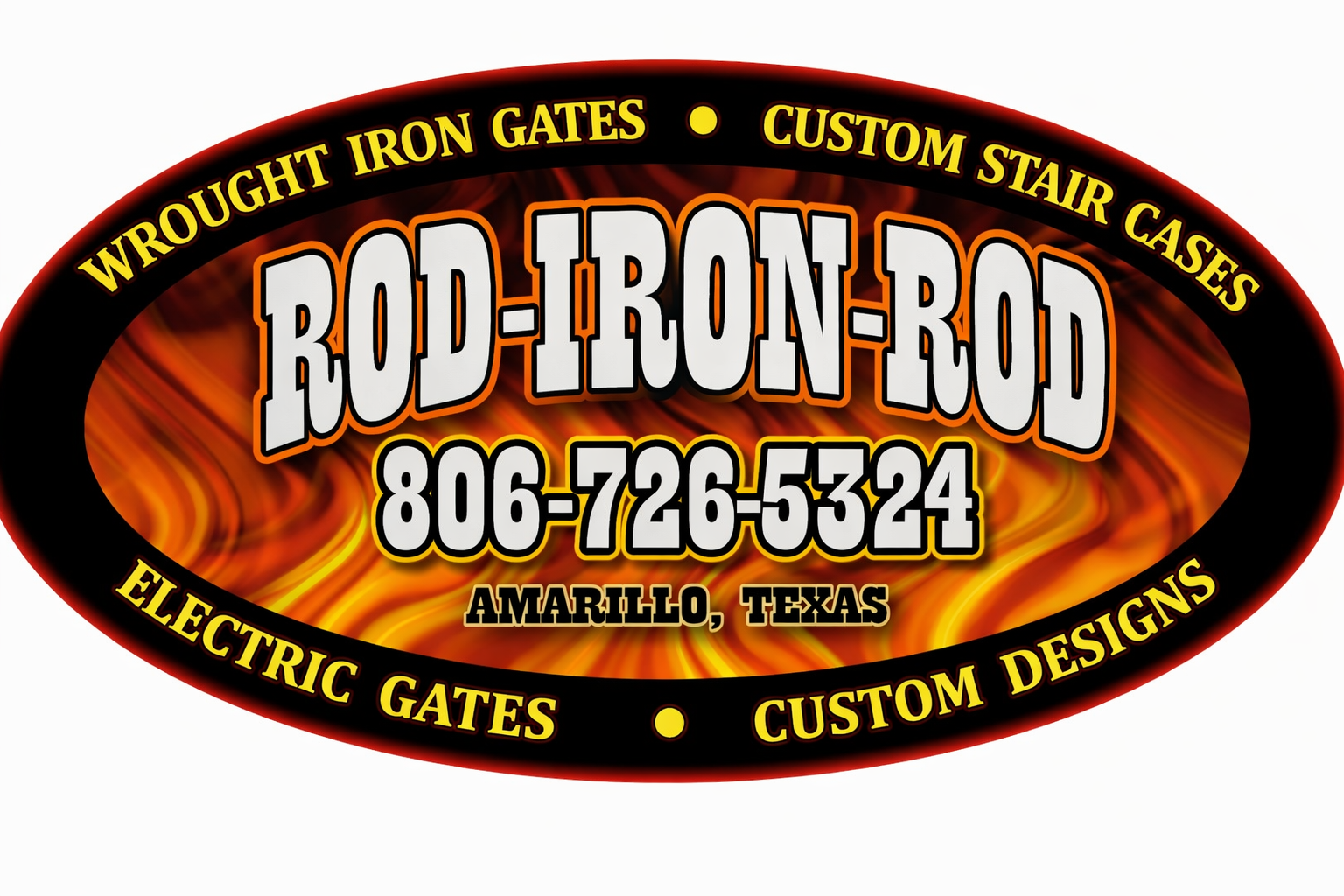 Logo for Rod-Iron-Rod, Amarillo, TX, featuring custom metalwork, phone number, and fiery background.