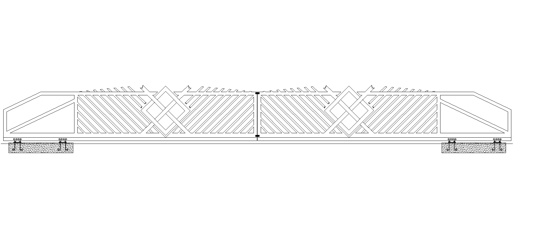 Ornate black and white wrought iron gate with decorative details and pillars.