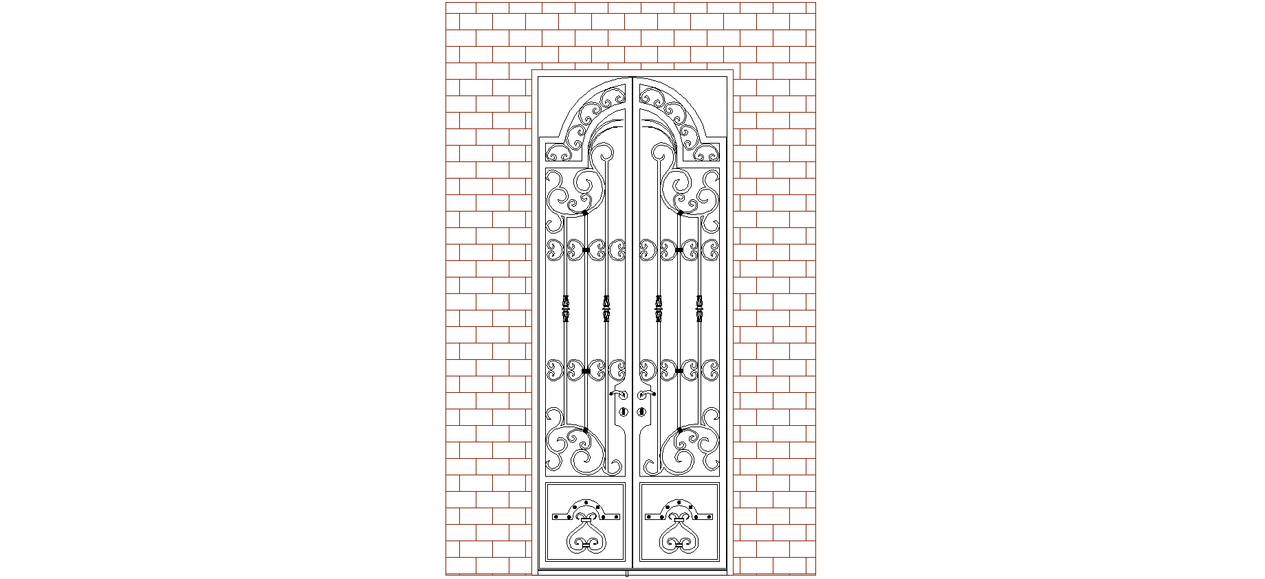 Architectural drawing of a decorative metal gate with brick pillars.